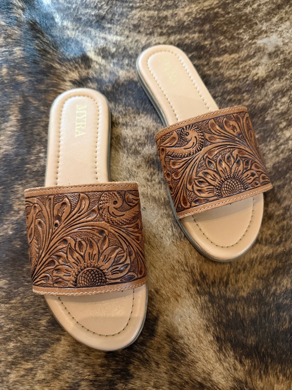 Myra Bag Tan Hand-Tooled Floral Slide Sandals